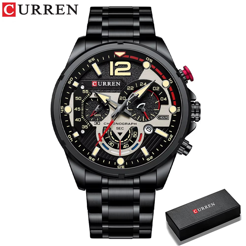 Fashion Quartz Watches Men Casual Sport Wristwatch with Stainless Steel Chronograph Dial Clock with Luminous