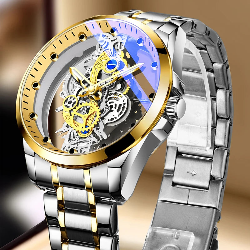 2024 New Men Watch Skeleton Quartz Wristwatch Gold Skeleton Retro Man Watch Top Brand Luxury Clock Mens Watches Reloj Hombre