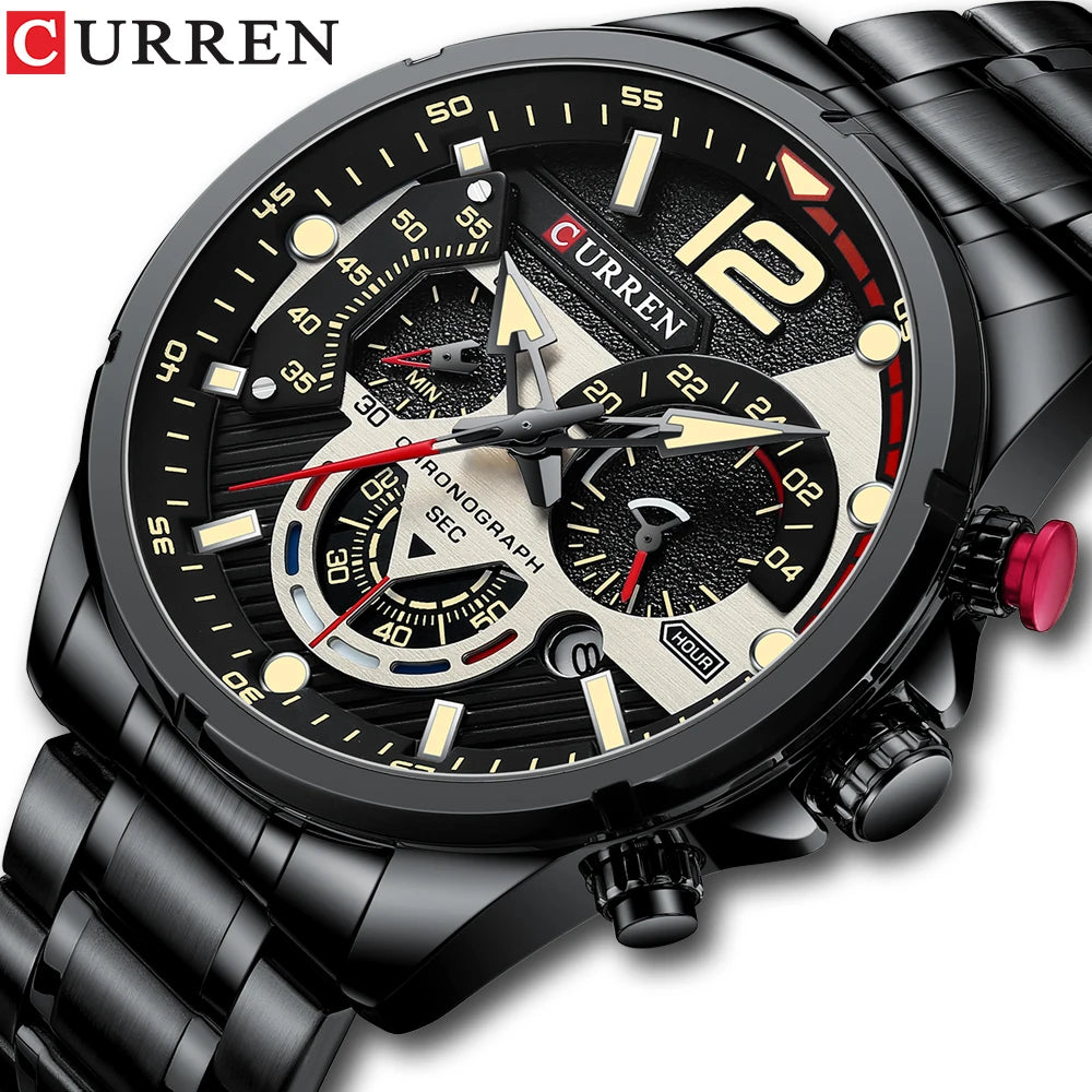 Fashion Quartz Watches Men Casual Sport Wristwatch with Stainless Steel Chronograph Dial Clock with Luminous