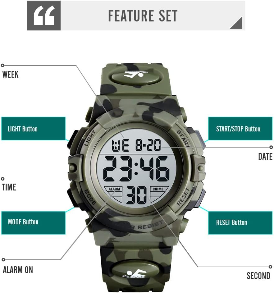 Kids Digital Watch Boys Outdoor Sports 50M Waterproof Girls Watches Alarm Clock 12/24 H Stopwatch Calendar for Ages 3-15 Boy Girl Wristwatch Kids Gift