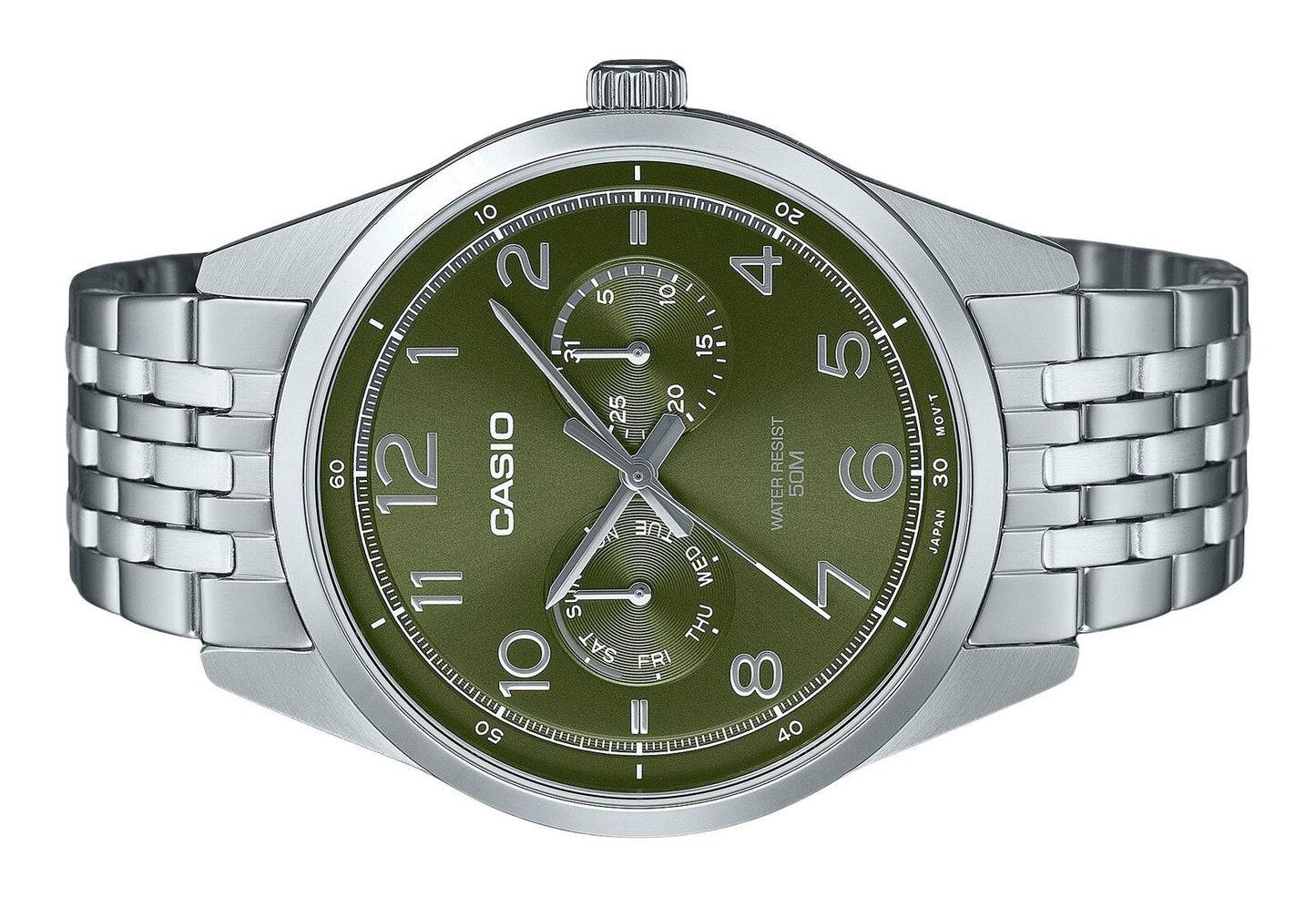 Casio MTP-E340D-3AV Stainless Steel Green Dial Day/Date Quartz Analog Mens Watch
