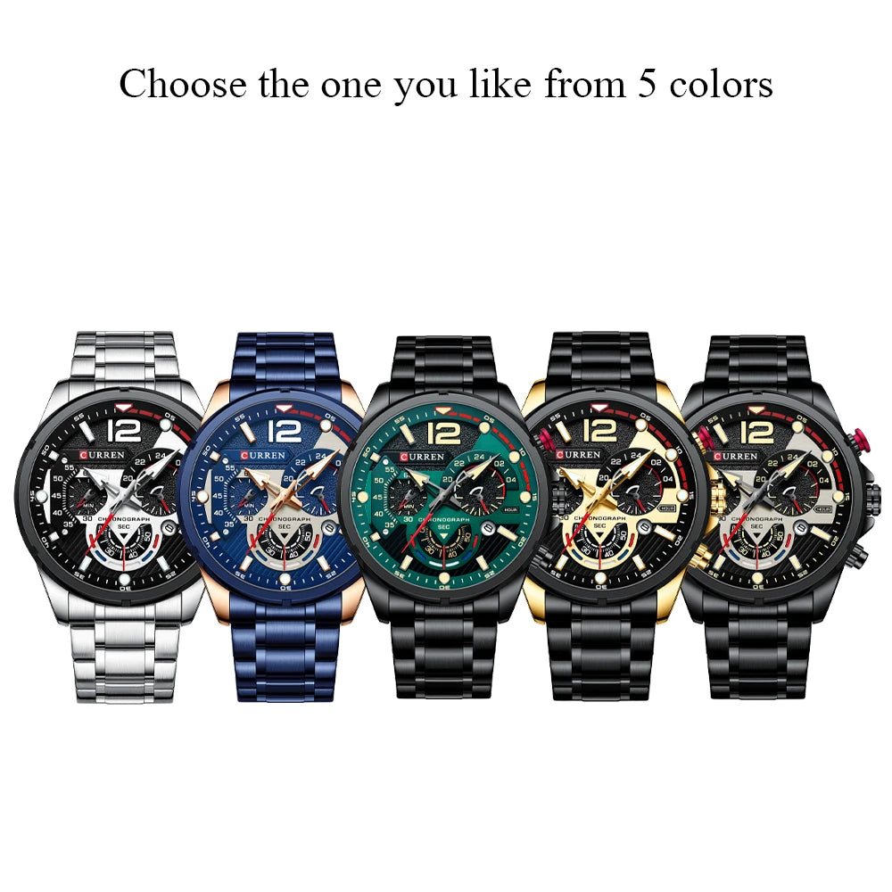 Fashion Quartz Watches Men Casual Sport Wristwatch with Stainless Steel Chronograph Dial Clock with Luminous