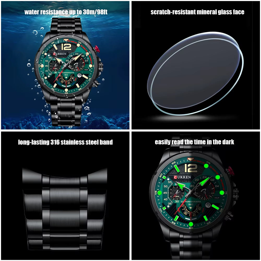 Fashion Quartz Watches Men Casual Sport Wristwatch with Stainless Steel Chronograph Dial Clock with Luminous