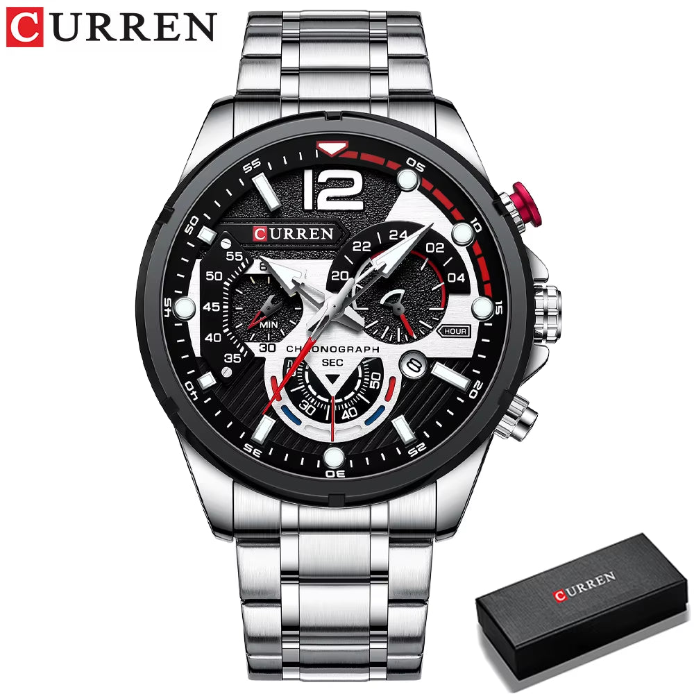 Fashion Quartz Watches Men Casual Sport Wristwatch with Stainless Steel Chronograph Dial Clock with Luminous