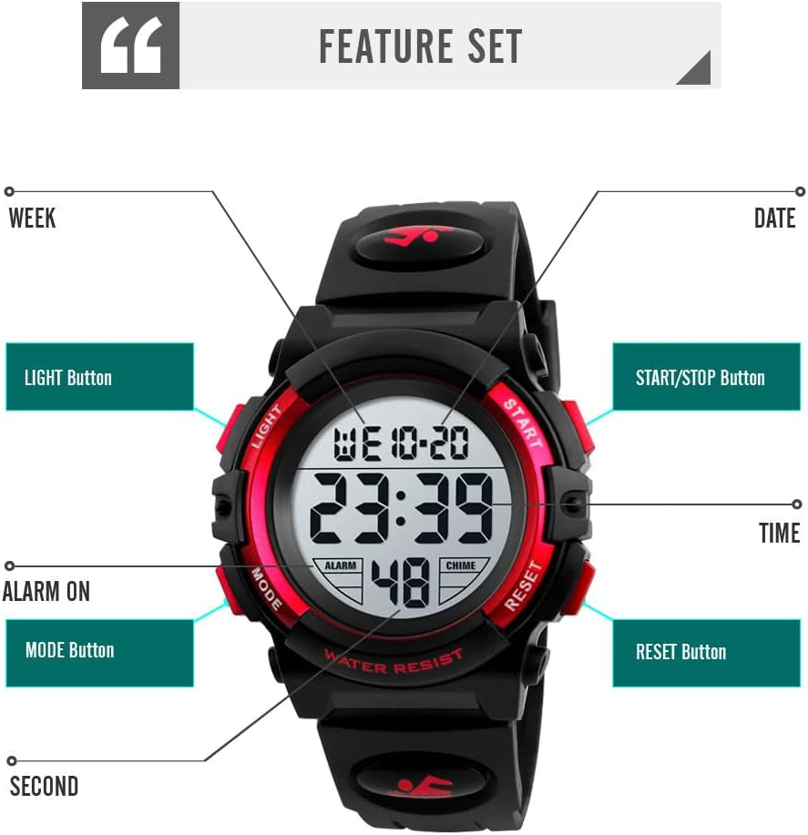 Kids Digital Watch Boys Outdoor Sports 50M Waterproof Girls Watches Alarm Clock 12/24 H Stopwatch Calendar for Ages 3-15 Boy Girl Wristwatch Kids Gift