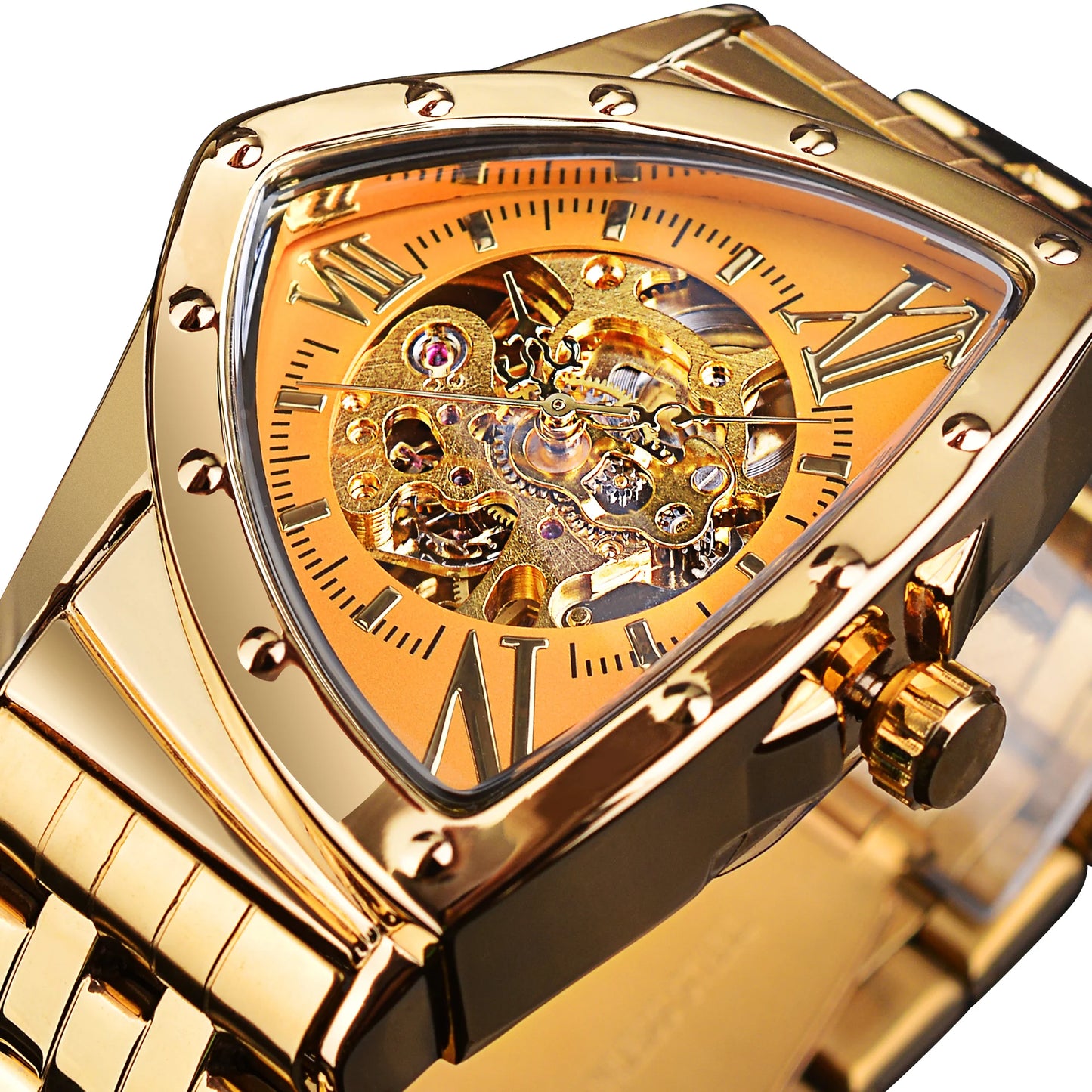 DUNCOUGAR Skeleton Triangle Dial Mechanical Automatic Watch Silver Stainless Steel Irregular Casual Business Watch