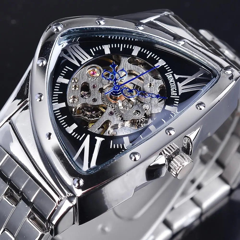 DUNCOUGAR Skeleton Triangle Dial Mechanical Automatic Watch Silver Stainless Steel Irregular Casual Business Watch