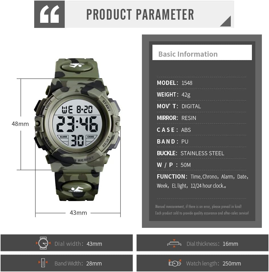 Kids Digital Watch Boys Outdoor Sports 50M Waterproof Girls Watches Alarm Clock 12/24 H Stopwatch Calendar for Ages 3-15 Boy Girl Wristwatch Kids Gift