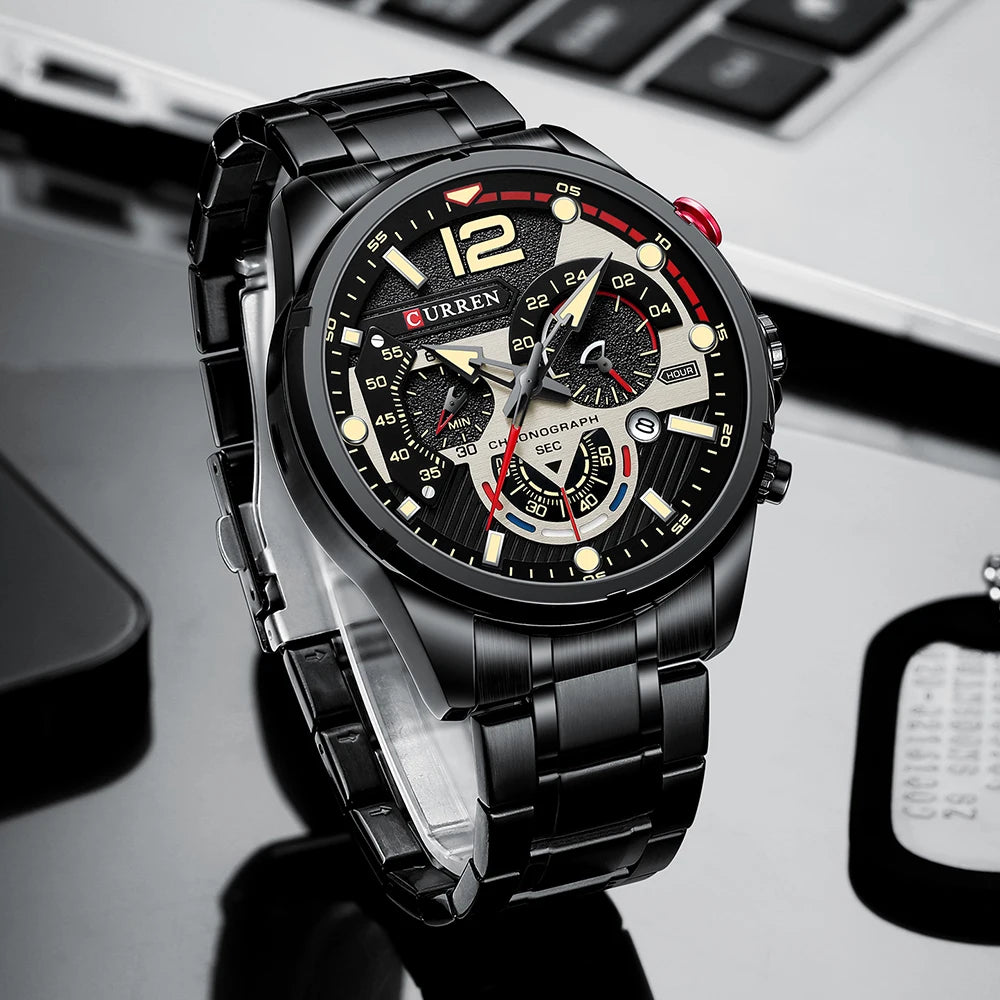 Fashion Quartz Watches Men Casual Sport Wristwatch with Stainless Steel Chronograph Dial Clock with Luminous