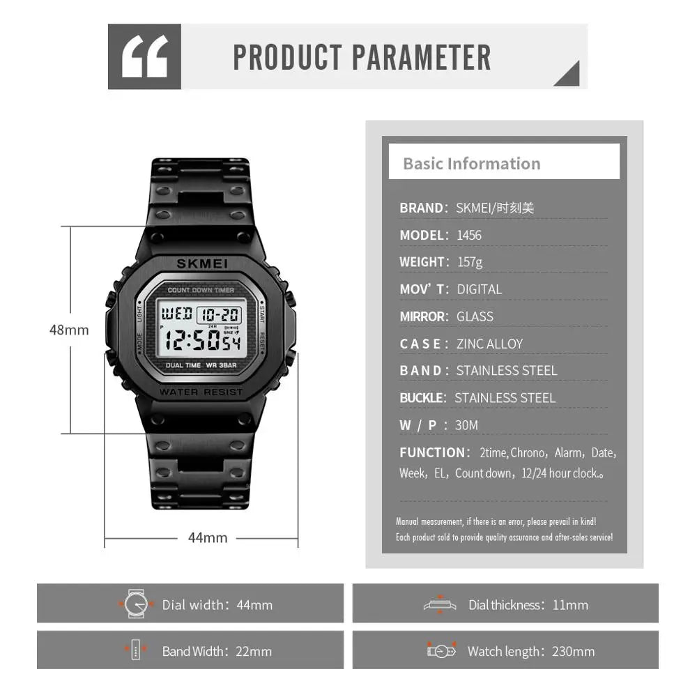 Fashion Sport Watch Men Digital Watches 3Bar Waterpoof Alarm Clock Alloy Case Digital Men Watches Reloj Hombre 1456