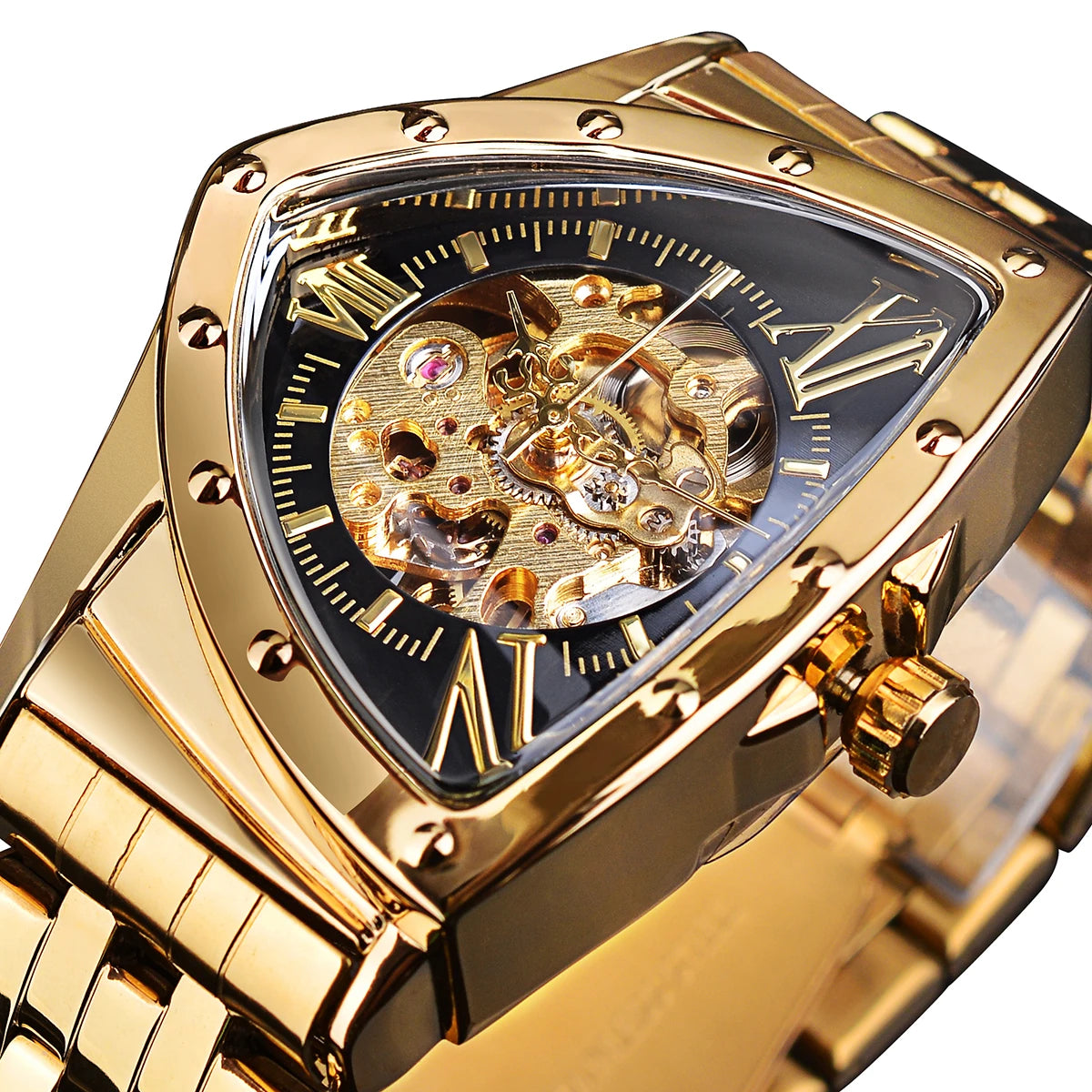 DUNCOUGAR Skeleton Triangle Dial Mechanical Automatic Watch Silver Stainless Steel Irregular Casual Business Watch