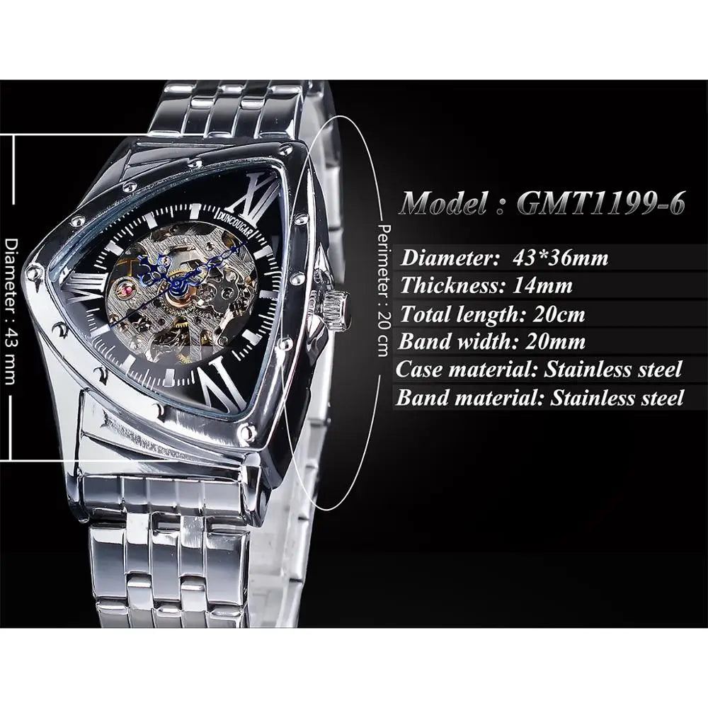 DUNCOUGAR Skeleton Triangle Dial Mechanical Automatic Watch Silver Stainless Steel Irregular Casual Business Watch