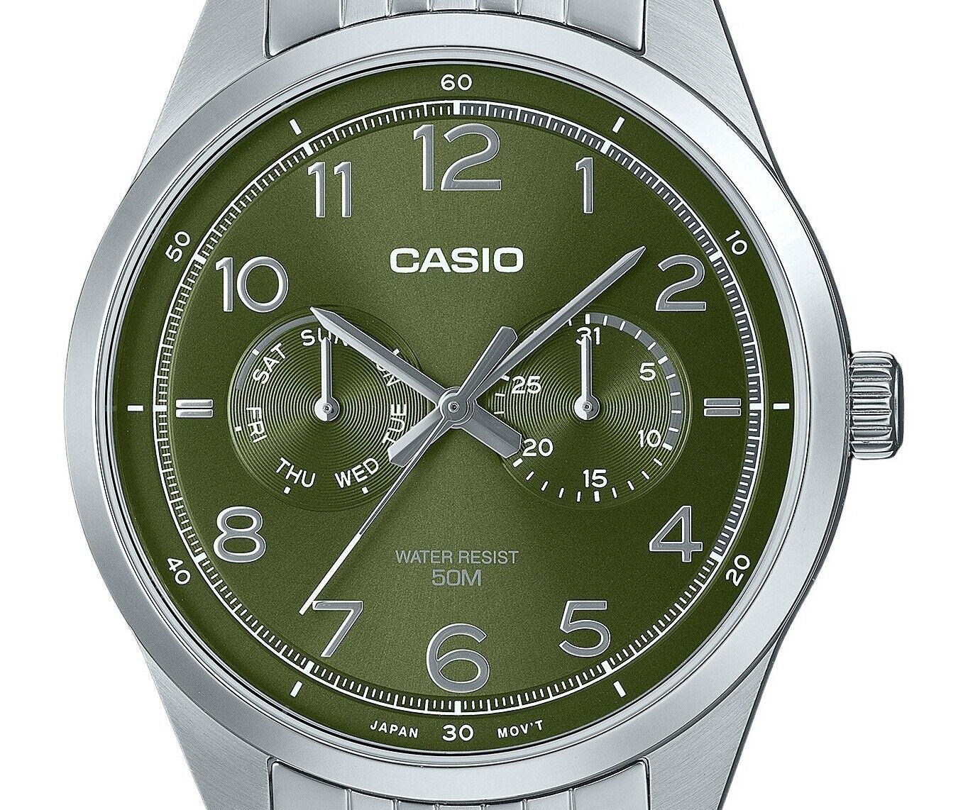 Casio MTP-E340D-3AV Stainless Steel Green Dial Day/Date Quartz Analog Mens Watch