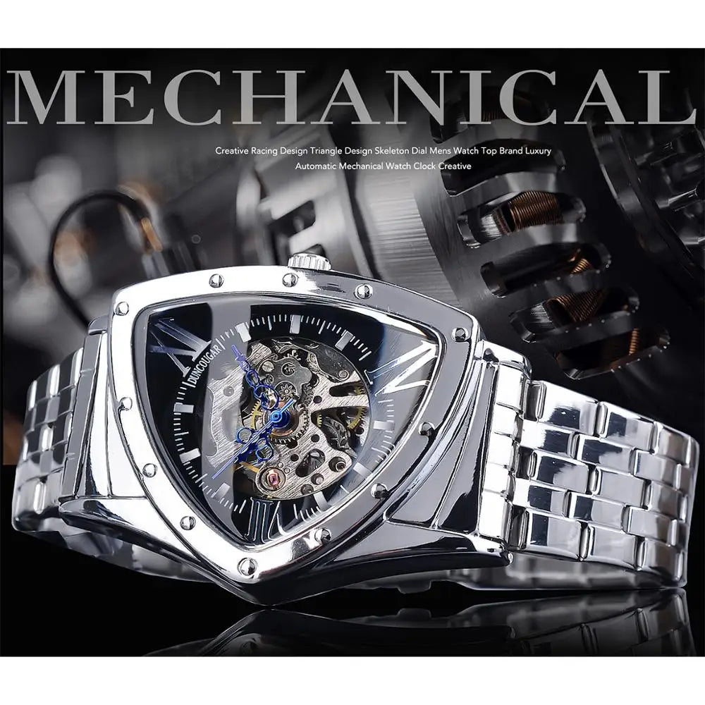 DUNCOUGAR Skeleton Triangle Dial Mechanical Automatic Watch Silver Stainless Steel Irregular Casual Business Watch