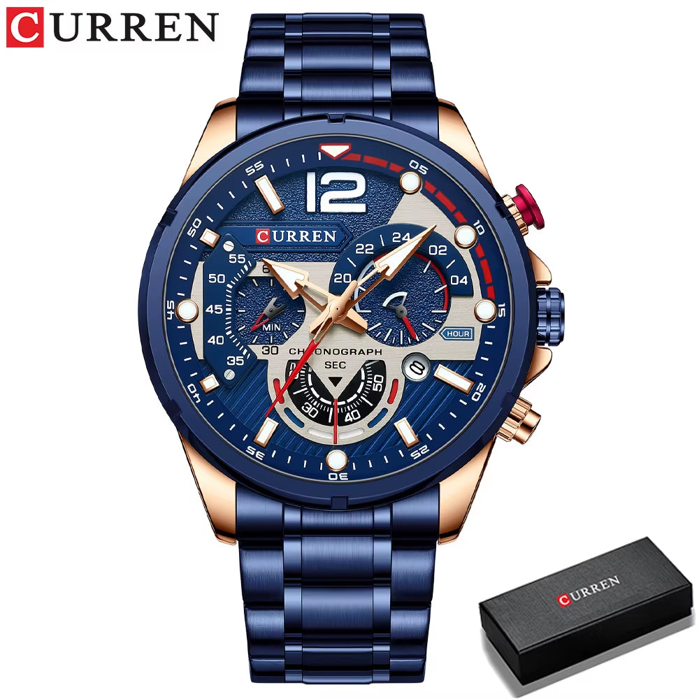 Fashion Quartz Watches Men Casual Sport Wristwatch with Stainless Steel Chronograph Dial Clock with Luminous