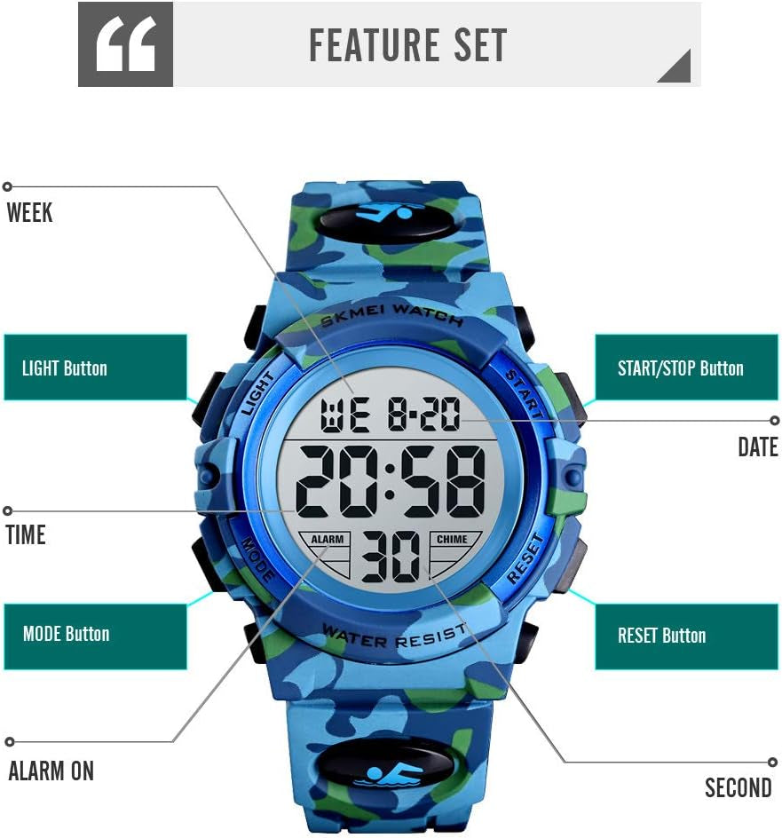 Boys Watch Digital Sports Waterproof Outdoor Kids Watches Alarm Clock 12/24 H Stopwatch Calendar 3-15 Year Old Boys Girls Wristwatch