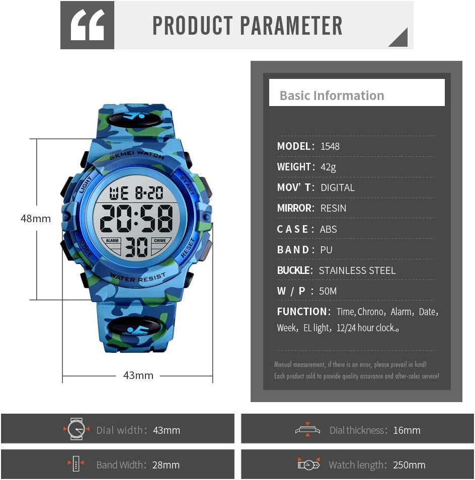 Boys Watch Digital Sports Waterproof Outdoor Kids Watches Alarm Clock 12/24 H Stopwatch Calendar 3-15 Year Old Boys Girls Wristwatch