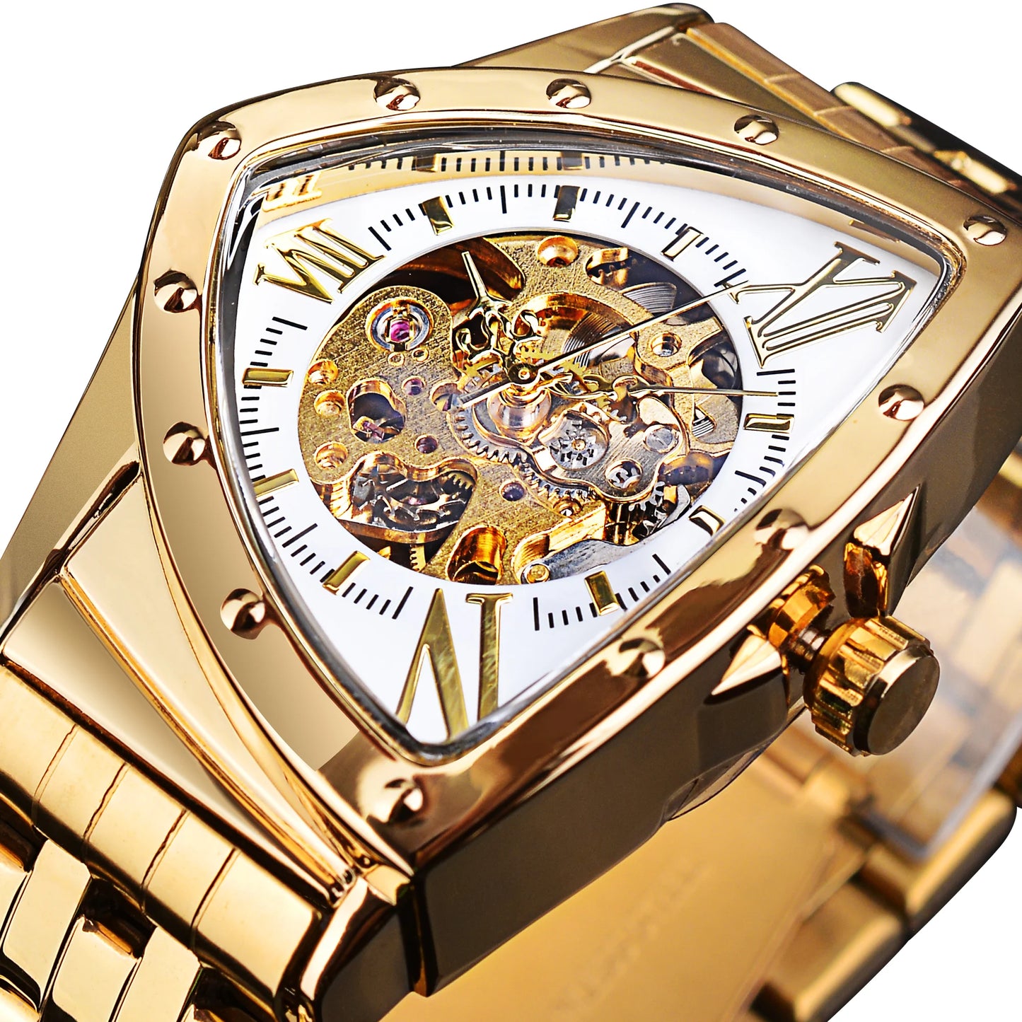 DUNCOUGAR Skeleton Triangle Dial Mechanical Automatic Watch Silver Stainless Steel Irregular Casual Business Watch
