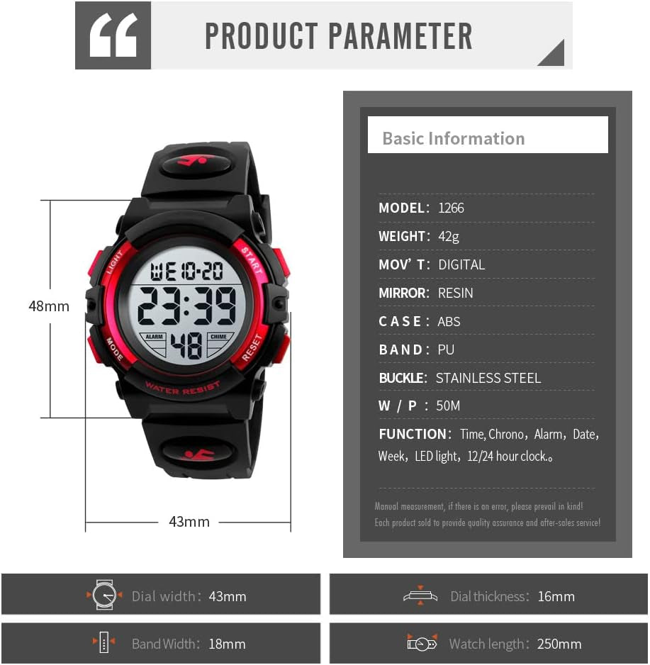 Kids Digital Watch Boys Outdoor Sports 50M Waterproof Girls Watches Alarm Clock 12/24 H Stopwatch Calendar for Ages 3-15 Boy Girl Wristwatch Kids Gift