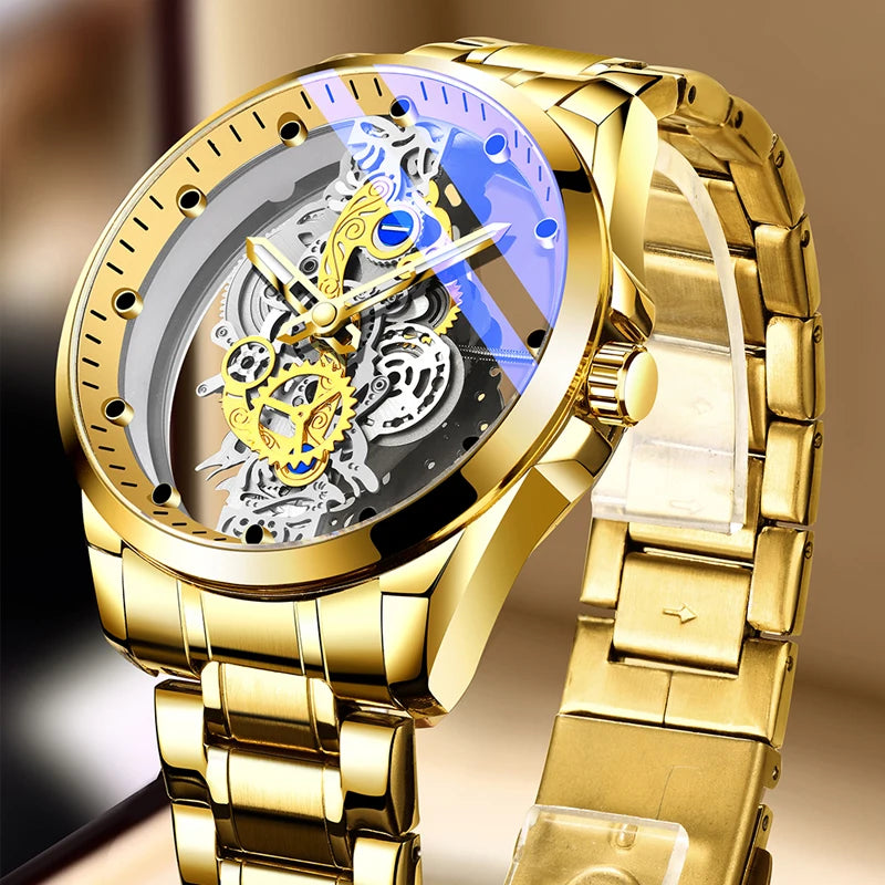 2024 New Men Watch Skeleton Quartz Wristwatch Gold Skeleton Retro Man Watch Top Brand Luxury Clock Mens Watches Reloj Hombre
