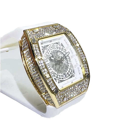 Men Big Face Watch Fashion Tonneau Quartz Diamond Wristwatches Luxry White Rubber Band Creative Relogio Men for Gift ﻿