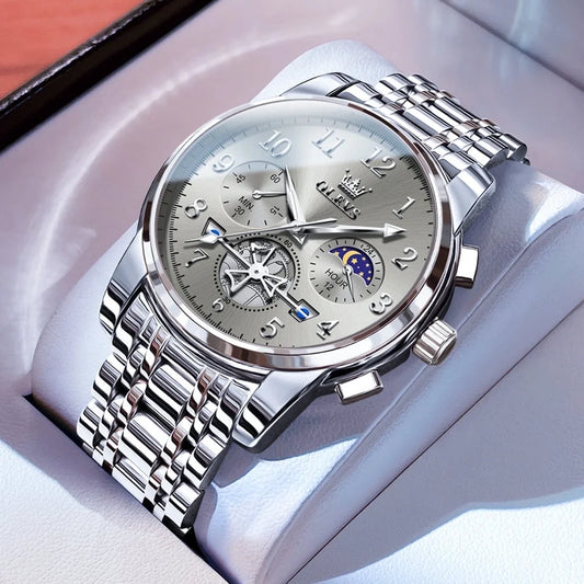 Watches for Men Chronograph Multifunction Business Dress Luxury Casual Analog Moon Phase Flywheel Quartz Stainless Steel Waterproof Luminous Men Wrist Watches Reloj Para Hombre Gray Dial
