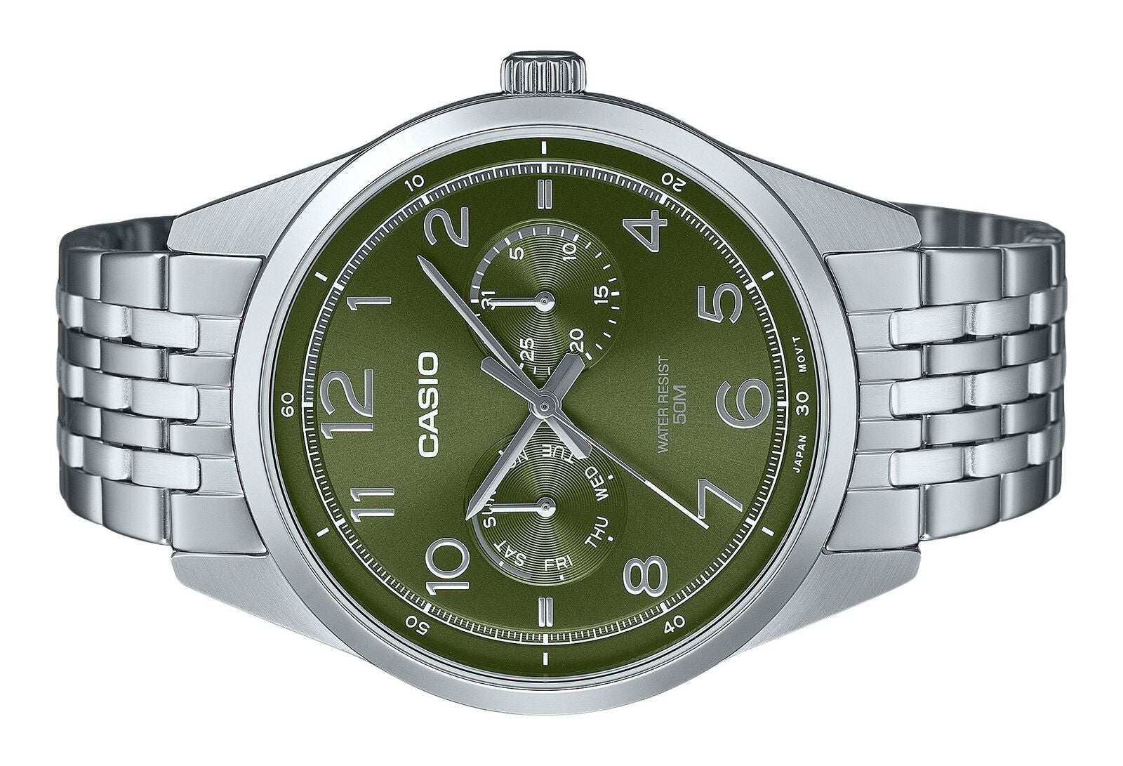 Casio MTP-E340D-3AV Stainless Steel Green Dial Day/Date Quartz Analog Mens Watch