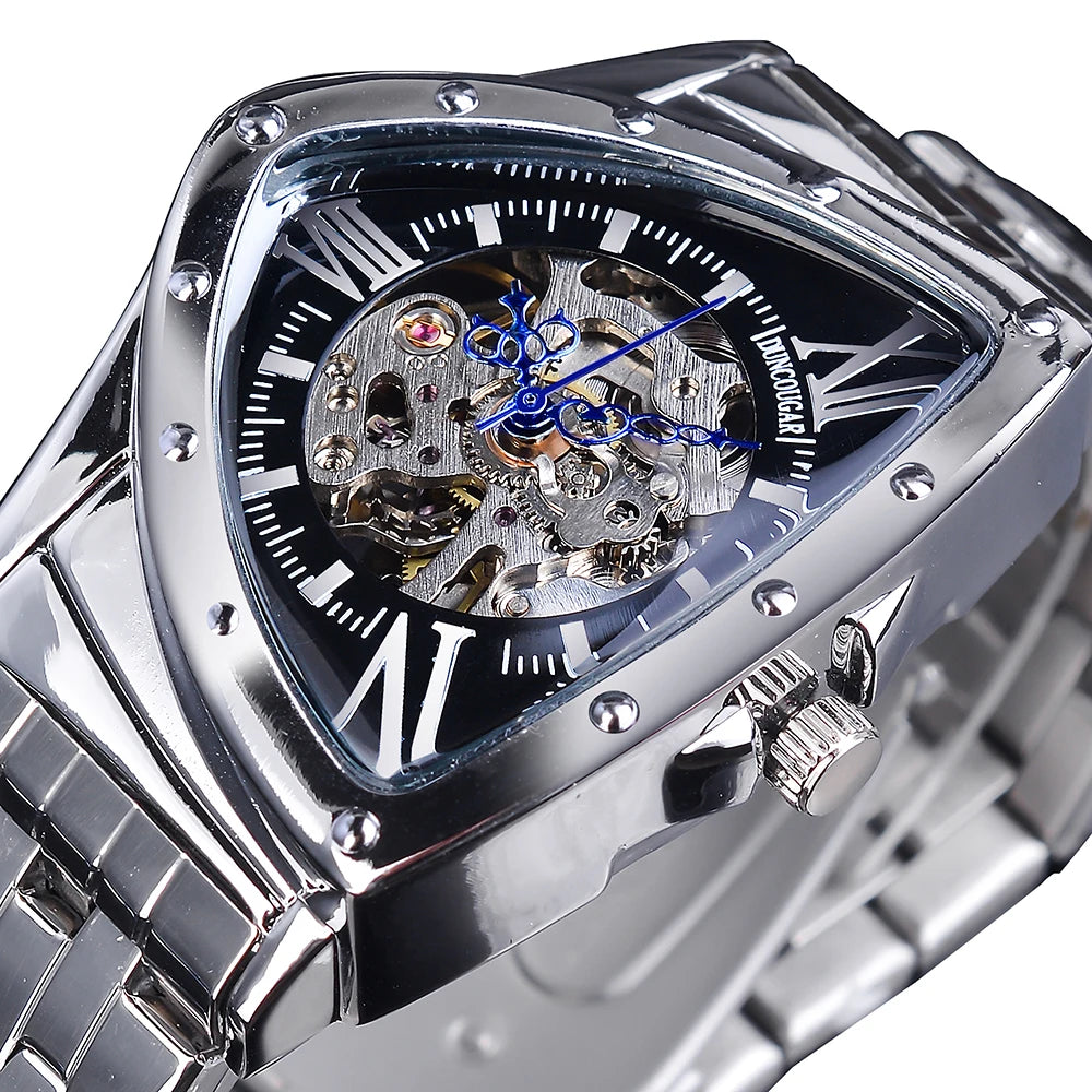 DUNCOUGAR Skeleton Triangle Dial Mechanical Automatic Watch Silver Stainless Steel Irregular Casual Business Watch