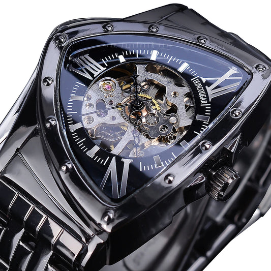 DUNCOUGAR Skeleton Triangle Dial Mechanical Automatic Watch Silver Stainless Steel Irregular Casual Business Watch
