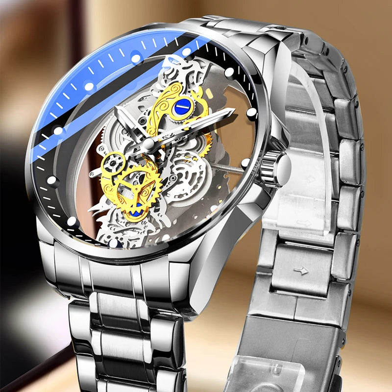 2024 New Men Watch Skeleton Quartz Wristwatch Gold Skeleton Retro Man Watch Top Brand Luxury Clock Mens Watches Reloj Hombre