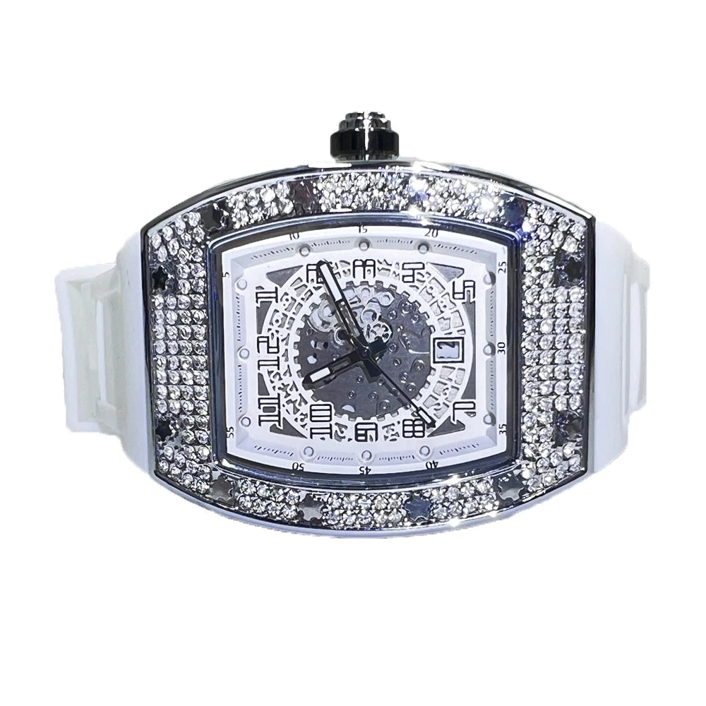 Men Big Face Watch Fashion Tonneau Quartz Diamond Wristwatches Luxry White Rubber Band Creative Relogio Men for Gift ﻿