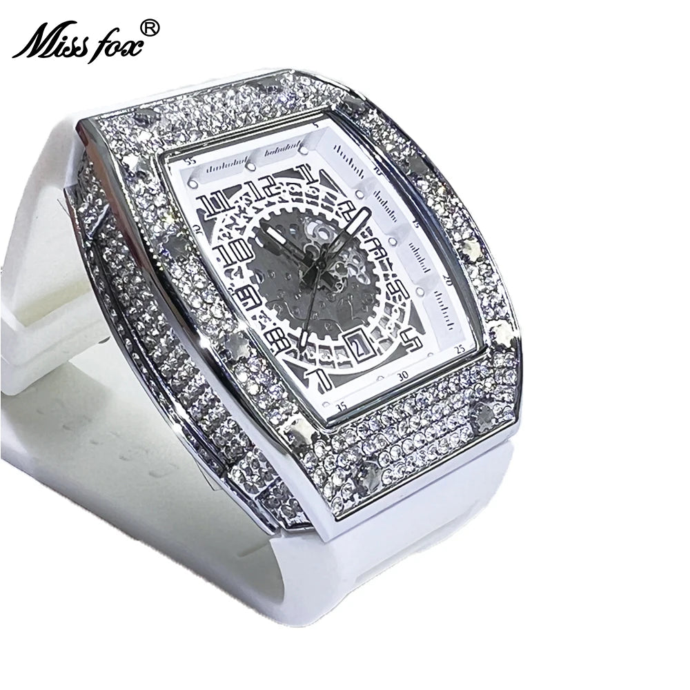 Men Big Face Watch Fashion Tonneau Quartz Diamond Wristwatches Luxry White Rubber Band Creative Relogio Men for Gift ﻿