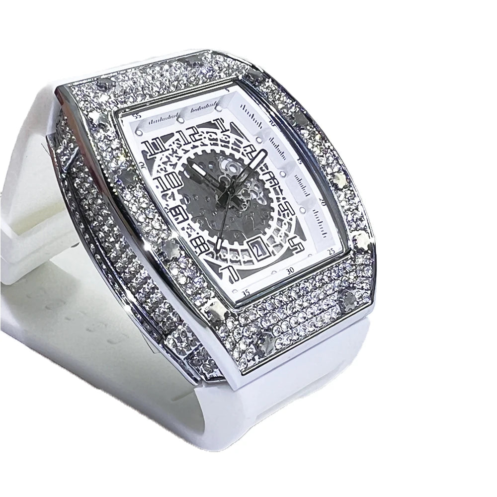Men Big Face Watch Fashion Tonneau Quartz Diamond Wristwatches Luxry White Rubber Band Creative Relogio Men for Gift ﻿