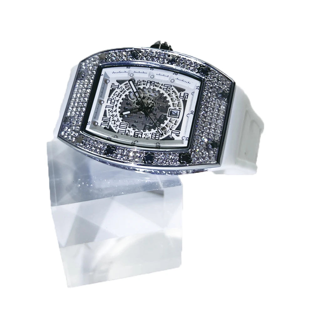 Men Big Face Watch Fashion Tonneau Quartz Diamond Wristwatches Luxry White Rubber Band Creative Relogio Men for Gift ﻿