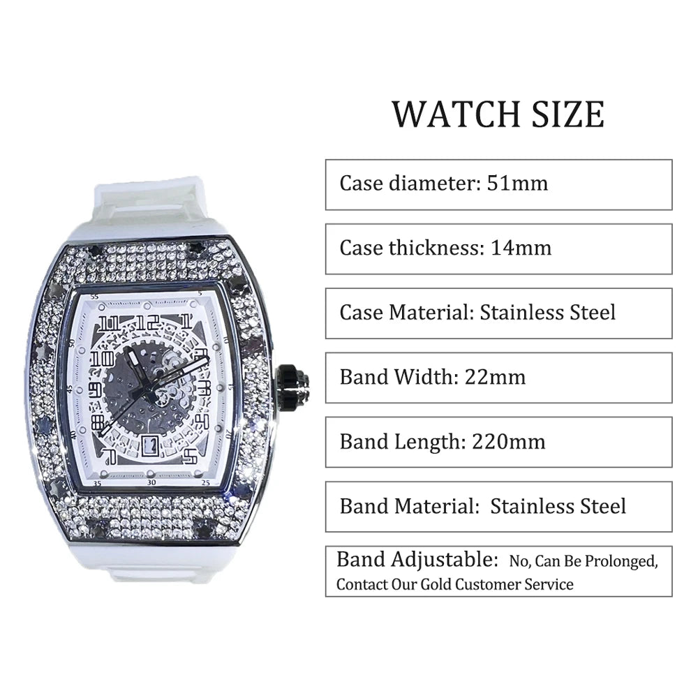 Men Big Face Watch Fashion Tonneau Quartz Diamond Wristwatches Luxry White Rubber Band Creative Relogio Men for Gift ﻿