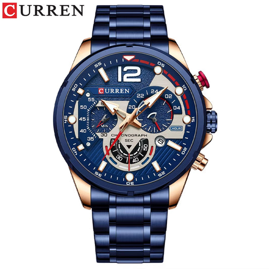 Fashion Quartz Watches Men Casual Sport Wristwatch with Stainless Steel Chronograph Dial Clock with Luminous