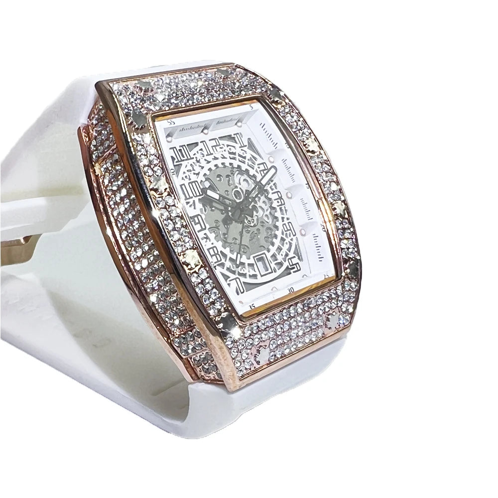 Men Big Face Watch Fashion Tonneau Quartz Diamond Wristwatches Luxry White Rubber Band Creative Relogio Men for Gift ﻿